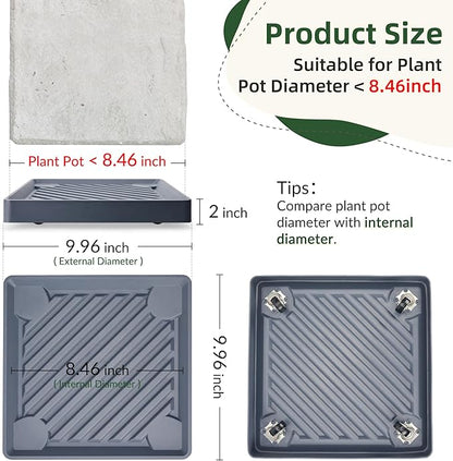 2PCS Square Plant Caddy with Hidden Wheels, Heavy Duty Rolling Plant Stand Caddy with Wheels, Pot Base for Indoor Outdoor, Gray, 9.96 inches