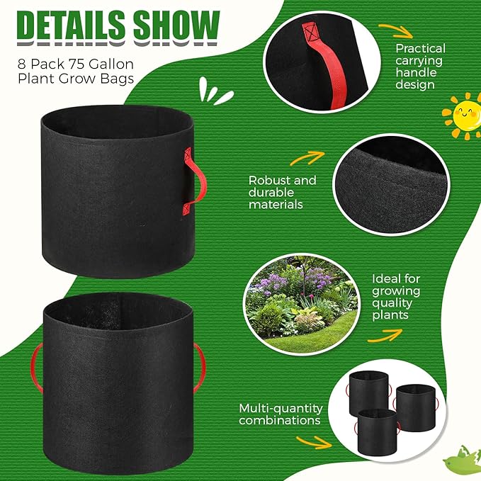 Nuenen 8 Pack Plant Grow Bags Bulk Breathable Nonwoven Fabric Pot with Handles Heavy Duty Nursery Vegetable Pots with Gloves for Garden Vegetables Potato Plants Flower Growing Planting (75 Gallon)