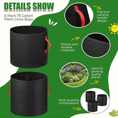 Nuenen 8 Pack Plant Grow Bags Bulk Breathable Nonwoven Fabric Pot with Handles Heavy Duty Nursery Vegetable Pots with Gloves for Garden Vegetables Potato Plants Flower Growing Planting (75 Gallon)