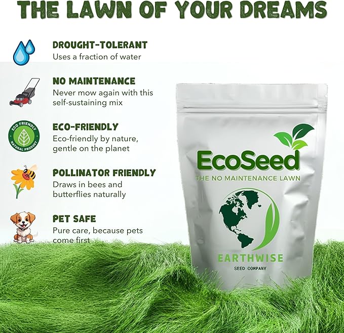 Earthwise EcoSeed Grass Seed – No Mow, Low Maintenance Lawn Seed Mix, Fine Fescue Blend, Drought Tolerant, Shade Tolerant, Organic, Chemical-Free – Covers Up to 1,000 sq ft, 5 lb