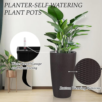 22" Tall Planter Set of 2, Large Self Watering Pots for Indoor/Outdoor Plants with Drain Holes, Water Level Monitor, Inner Bucket for Front Porch Patio, Brown Rattan Conical