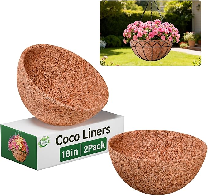 Halatool 2 Pack 18 Inch Coco Liners Natural Coconut Liners for Planters Round Hanging Basket Liner for Flowers Vegetables Balcony Garden Patio Porch Home Decor