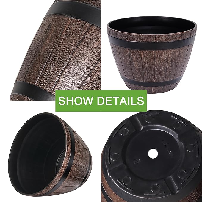 VECELO Plant Pots with Drainage Holes & Saucer, 13 Inch Flower Pots with Tray, 3 Pack Plastic Whiskey Barrel Planters for Indoor & Outdoor Garden Home Plants and Flowers