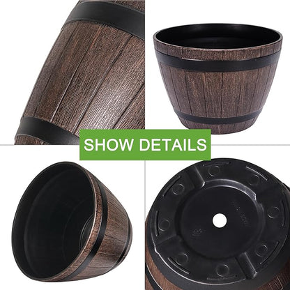VECELO Plant Pots with Drainage Holes & Saucer, 13 Inch Flower Pots with Tray, 3 Pack Plastic Whiskey Barrel Planters for Indoor & Outdoor Garden Home Plants and Flowers
