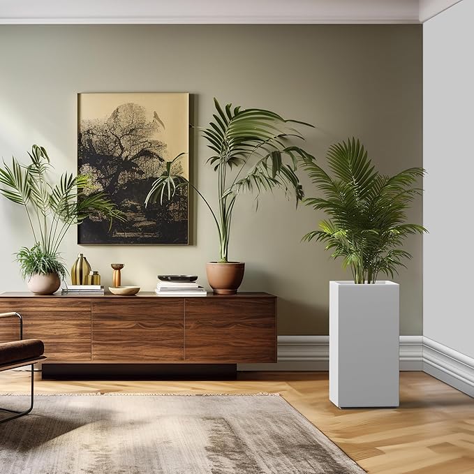 Kante 27.6" H Tall Rectangular Concrete Planter, Modern Square Diameter Plant Pot with Drainage Hole and Rubber Plug for Indoor Outdoor Home Patio Garden, Pure White