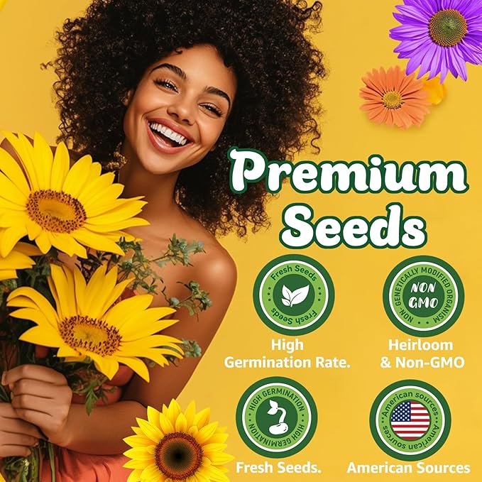 15+ Varieties 5000+ Sunflower Seeds for Planting, 4 Oz Heirloom Non-GMO Sunflower Mix Seeds to Plant (Giant Mammoth, Dwarf) Garden Variety Pack, High Germination, Attracts Pollinators