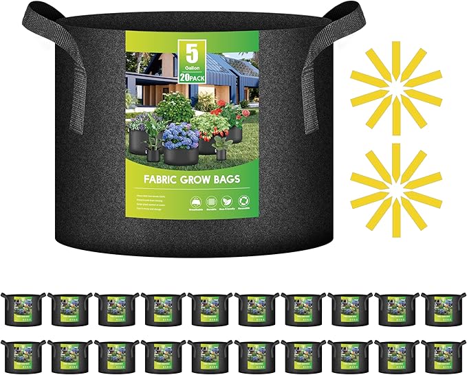 iPower 20-Pack 5 Gallon Grow Bags 300G Thick Nonwoven Aeration Fabric Pots Heavy Duty Plant Containers with Handles for Garden Planting, Black