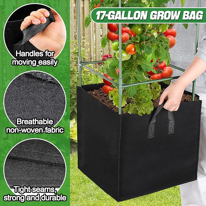 ANPHSIN 3 Sets Tomato Cages with 17 Gallon Grow Bags, 46'' Heavy-Duty Plant Support Trellis Tomato Planter Pots Kit, Garden Vegetables Cucumber Flowers Vertical Climbing Plants Vines