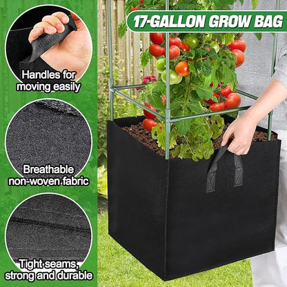 ANPHSIN 3 Sets Tomato Cages with 17 Gallon Grow Bags, 46'' Heavy-Duty Plant Support Trellis Tomato Planter Pots Kit, Garden Vegetables Cucumber Flowers Vertical Climbing Plants Vines