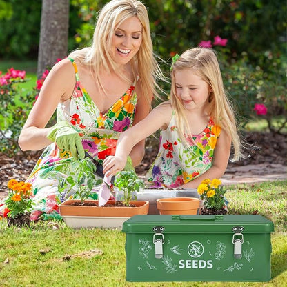 Seed Storage Box, Seed Storage Organizer with Garden String, 30 Seed Envelopes and Bamboo Plant Labels, 4 Compartments Garden Seed Organizer Box with Safety Locks, Dark Green