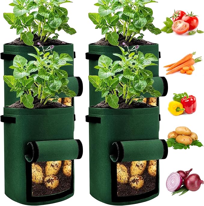 JJGoo 4 Pack Potato Grow Bags 10 Gallon with Flap, Heavy Duty Fabric with Handle and Harvest Window, Non-Woven Planter Pot Plant Garden Bags to Grow Vegetables Tomato, Blackish Green