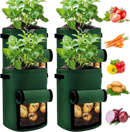 JJGoo 4 Pack Potato Grow Bags 10 Gallon with Flap, Heavy Duty Fabric with Handle and Harvest Window, Non-Woven Planter Pot Plant Garden Bags to Grow Vegetables Tomato, Blackish Green