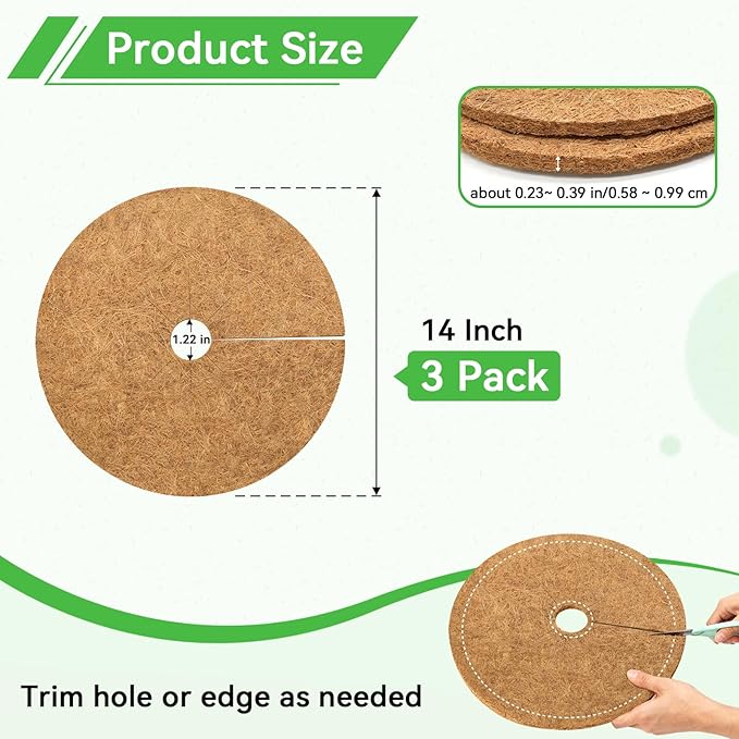 ZeeDix 3 Pack Coconut Fiber Mulch Ring, 14 Inch Coco Coir Tree Ring Mulch Mat, 100% Natural Tree Protector Mat Plant Cover Ring Coconut Coir Discs Tree Mats Mulch Rings for Indoor Outdoor Trees Plants