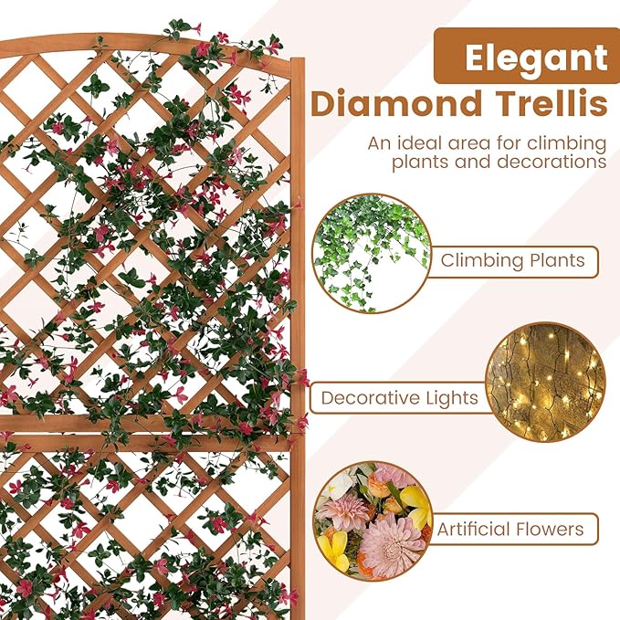 HAPPYGRILL Wooden Raised Garden Bed with Trellis, 63" Tall Planter Box with Trellis & Slat Bottom Base Vine Climbing Plants Flowers, Outdoor Freestanding Garden Box for Backyard Balcony (2)