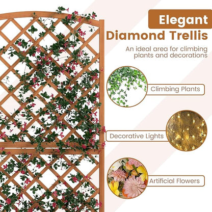 HAPPYGRILL Wooden Raised Garden Bed with Trellis, 63" Tall Planter Box with Trellis & Slat Bottom Base Vine Climbing Plants Flowers, Outdoor Freestanding Garden Box for Backyard Balcony (2)