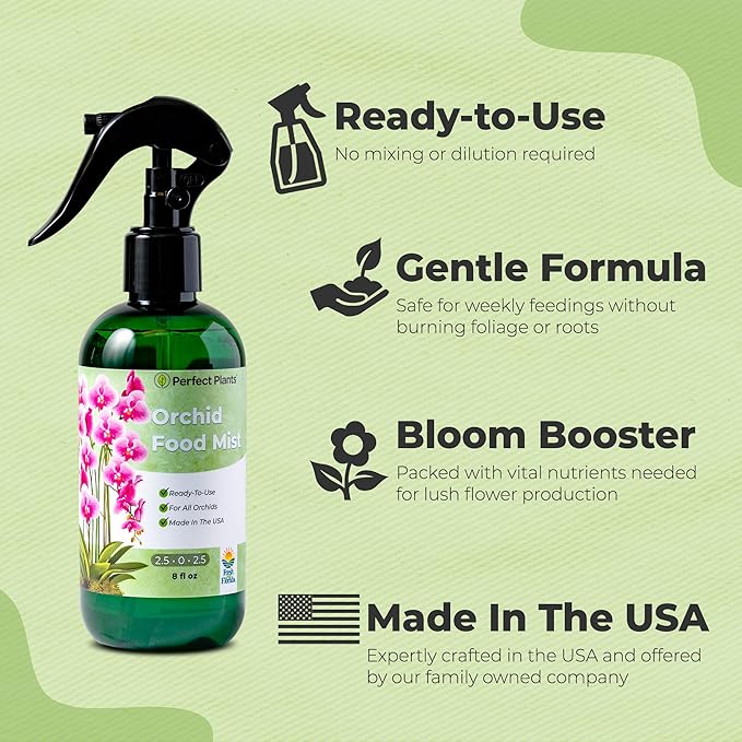 Orchid Fertilizer Mist by Perfect Plants | Foliar Food Spray & Bloom Booster for Indoor Orchids | Plant nutrients for Repeat Blooming (8 fl oz)