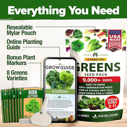 HOME GROWN Lettuce Seeds for Planting - 8 Varieties Non-GMO Heirloom Salad Greens Seeds - 9000+ USA-Sourced Vegetable Seeds for Planting Outdoors, Indoors, Hydroponic Garden