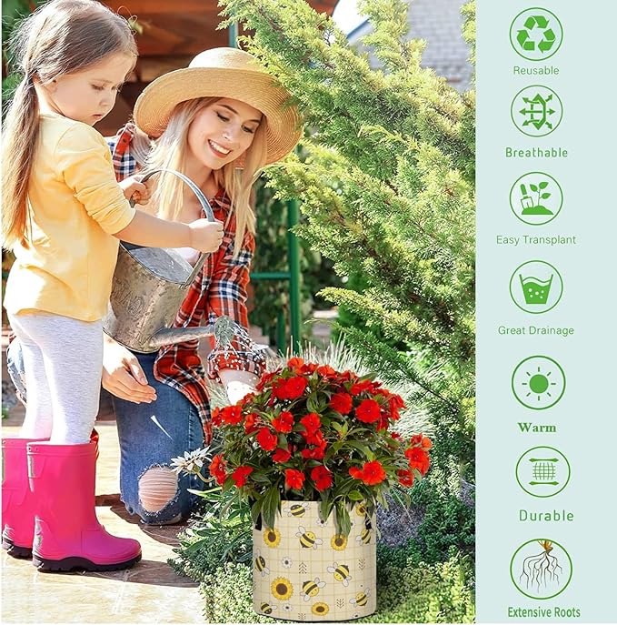 7 Gallon Cartoon Sunflwoers Bee Plaid Heavy Duty Grow Bag Breathable Planter Pot Containers with Handles for Potato Tomato Fruits Vegetables Flowers