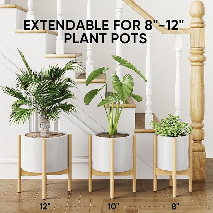 MUDEELA Plant Stand for Indoor Plants: Adjustable Width Fits 8-12 Inch Pots - Mid Century Modern Bamboo Plant Stand - 14.5 Inch Single Tier Small Floor Plant Holder, Natural, 1 Pack (Without Pot)