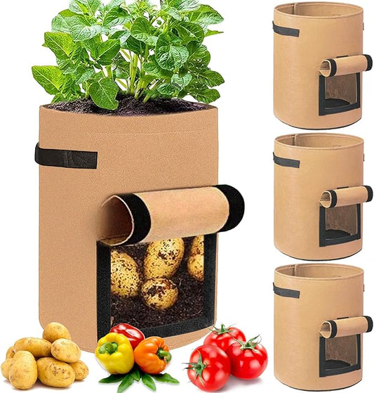 JJGoo 4 Pack Potato Grow Bags 10 Gallon with Flap, Heavy Duty Fabric Grow Bags with Handle and Harvest Window, Non-Woven Planter Pot Plant Garden Bags to Grow Vegetables Potato Tomato, Brown