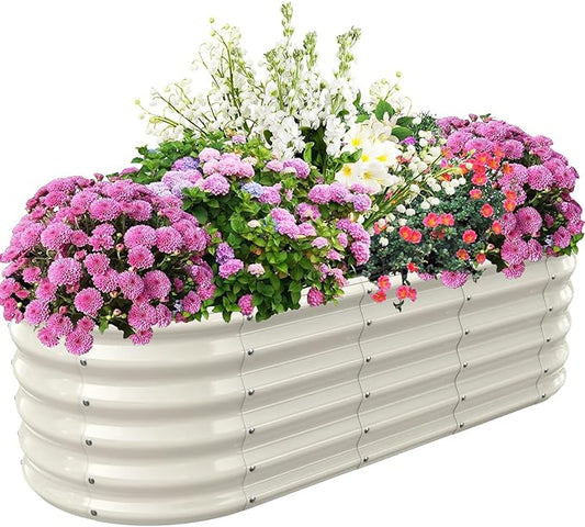 17" Tall Elevated Oval Metal Raised Garden Bed - 5ft x 2ft in Size and 0.8MM Thick Durable Planter Bed/Box for Vegetables Flowers Succulent at Patio/Garden Outdoor (White, 5X2X1.4 FT)