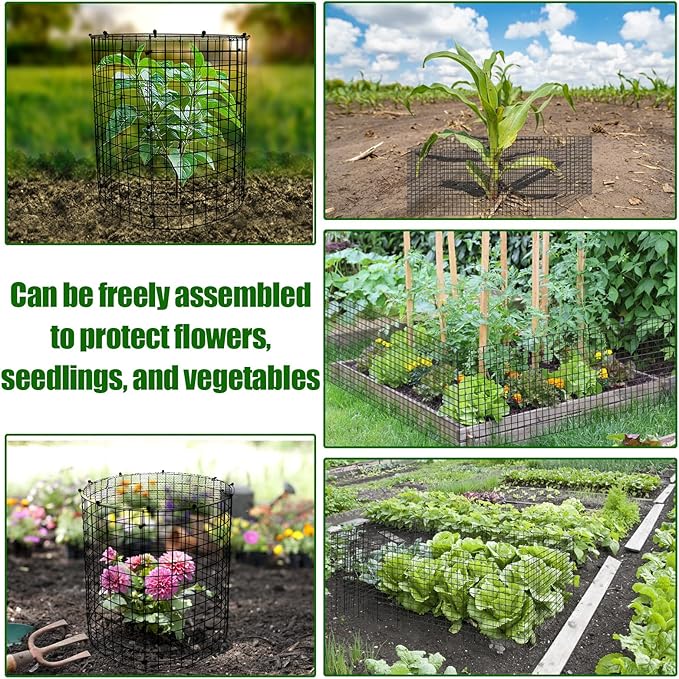 AHIER 10 PCS Chicken Wire Plant Protector from Animals with Covers, Plant Cages for Outdoor Plants to Keep Animals Out Including 30pcs Metal Mesh, Covers, Ground Stakes, Labels, Clip, Ties and Gloves