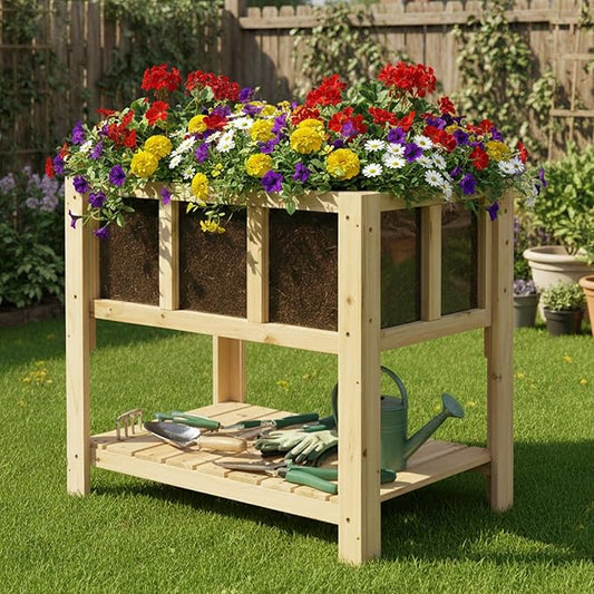 PetsCosset Small Transparent Raised Garden Bed with Legs, Compact Planter Box Stand with Observation Panels & Storage Shelf for Balcony, Patio, Small Spaces (Natural Wood)