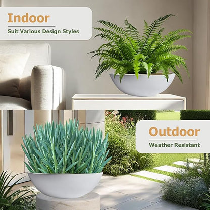 7.7" H x 22" D Round Bowl Fiberstone Planter for Succulent and Lotus with Drainage Hole, Smooth Finishes, Weather Resistant, Included 2 Extra Coco Mats (White, 19.9" Pot Opening)
