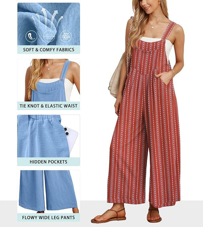 IWOLLENCE Women's Summer Jumpsuits Boho Wide Leg Overalls Casual Loose Rompers with Pockets 2025