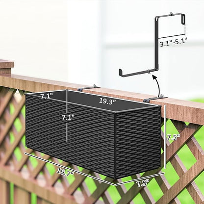 Outsunny Railing Planter Box (2 Pack, 20 Inch), Hanging Flower Pots with Hooks, Drainage Holes for Fence, Balcony, Garden, Patio, Rattan Look, Black