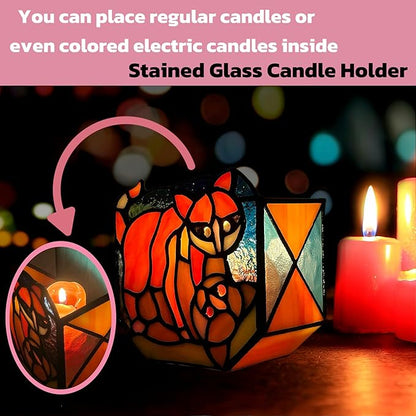Stained Glass Naughty Cat Planter, Indoor Plant Pots with Drain,Handmade Tiffany Style,Small Candle Holder Decor,Plant Lover Gifts for Women,Gifts for Cat Lovers