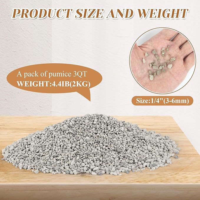 Horticultural Pumice for Plants, 3 Quarts Bag （4.4IB） Natural Soil Amendment, 1/4" Particle Size for Succulent, Cactus, Bonsai Tree, Orchid Potting Mix