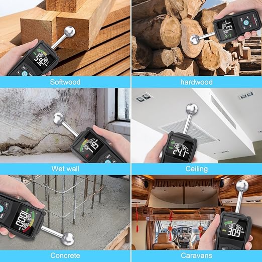 MESTEK Pinless Moisture Meter for Wood, Walls & Drywall, Digital Moisture Detector, Concrete Moisture Meter & Firewood Reader, Detects up to 40mm Below Surface with 3-Color LCD Display, Audible Alarm