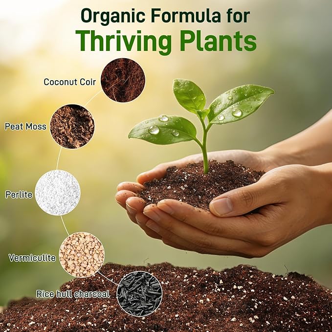 3QT Potting Soil Mix for Indoor Plants - Contains Perlite, Peat Moss, Coco Coir & Rice Charcoal, Natural & Organic Material with Well-Draining, Light & Aerated Texture for Healthy Roots & Fast Growth