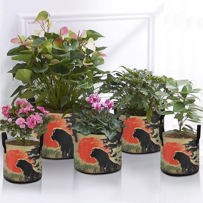 Fabric Plant Grow Bags Lion Sunset Print, 7 Gallon Planting Pots Thickened for Gardening