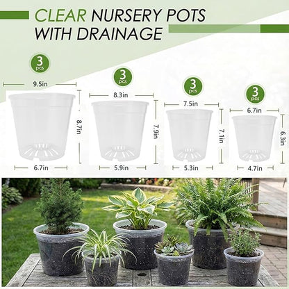 6/7.5/8/10 Inch Large Clear Nursery Pots with Drainage, 12 Pack Thick Reusable Multi-Size Plastic Planters, Deep Nursery Pots for Healthy Roots, Ideal Containers for Indoor Outdoor Plants