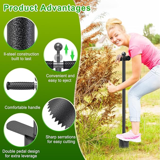 Dolibest Sod Plugger Tool, Grass Plugger Tool with Dual Pedals, Bulb Planter W/Sharp Serrations and Non-Slip Soft Grip Handle, for Lawn Planting Bulbs and Grass Repair (No Assembly)