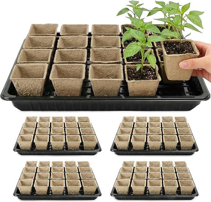 100 Pcs Square Nursery Pots, 5 Pcs Seed Starter Tray, 2.6 inch Nursery Pots with Tray, Plastic Starter Pots for Planting Seeds, Reusable Seed Starting Pots with Drainage Holes (Kraft Paper)