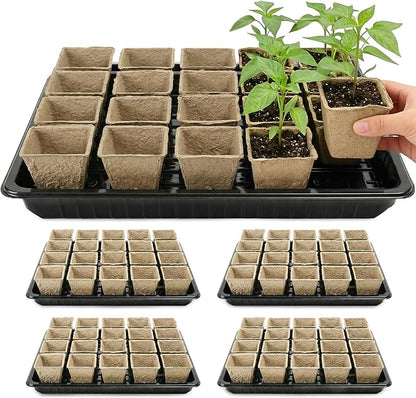 100 Pcs Square Nursery Pots, 5 Pcs Seed Starter Tray, 2.6 inch Nursery Pots with Tray, Plastic Starter Pots for Planting Seeds, Reusable Seed Starting Pots with Drainage Holes (Kraft Paper)