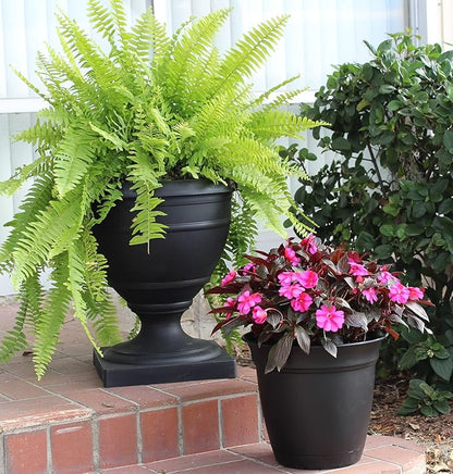 The HC Companies Eclipse Round Planter with Saucer - Outdoor & Indoor Plant Pot with Drainage Holes - Lightweight, UV-Resistant Plastic Pots for Plants, Flowers & Herbs (12" Black, Pack of 1)