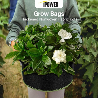 iPower 15-Gallon 10-Pack Grow Bag Thickened Nonwoven Fabric Pots Heavy Duty Aeration Container with Strap Handles for Garden and Planting Vegetable Flowers, Black with Green Stitch Sewing