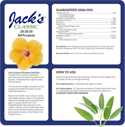Jack's Classic 20-20-20 All Purpose Water-Soluble Fertilizer with Micronutrients to Provide General Growth on All Plants, 4lbs