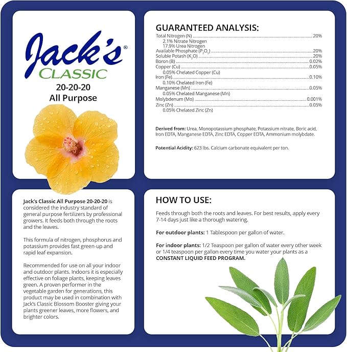 Jack's Classic 20-20-20 All Purpose Water-Soluble Fertilizer with Micronutrients to Provide General Growth on All Plants, 1.5lbs