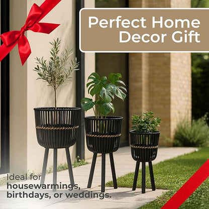 Decorative Bamboo Footed Planters for Home Decor - Garden Plant Pots for Indoor Living Room Decor or Outdoor Patio Areas - Flower Pots for Entryway and Backyard - Set of 3, 27", 23", 19", Black