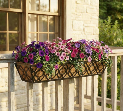 Y&M 2pcs 30" Window Boxes Horse Trough with Coconut Coir Liner,30 Inch Window Deck with Coco Liner, Black Metal Hanging Flower Planter Window Basket Deck Railing Planter Boxes for Outdoor Indoor
