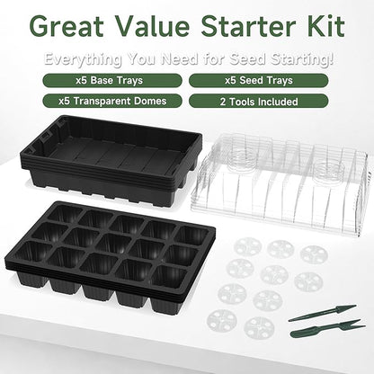 Gardzen 5-Pack Seed Starter Kits, Reusable Plant Germination Trays with Total 75-Cell, Seed Starter Tray with Humidity Vented Domes and Bases for Starting Vegetable Flower Herb Seeds 15" x 9"