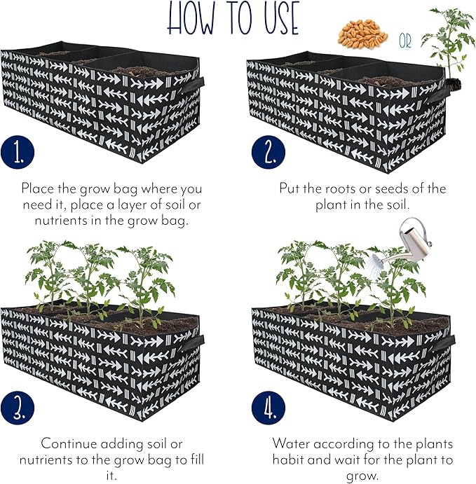 Giant Rectangular Grow Bag (30-Gallon); 3-Section Large Decorative Fabric Raised Bed Planter, 3 x 1.3 x 1 Foot