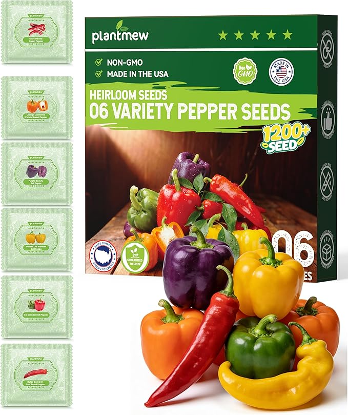 Sweet Pepper Seeds Gardening Kit - 6 Heirloom Varieties for Salsa & Cooking - Non-GMO Chili Plant Seeds for Indoor & Outdoor Planting: Red, Orange, Yellow, Green and More Bell Pepper