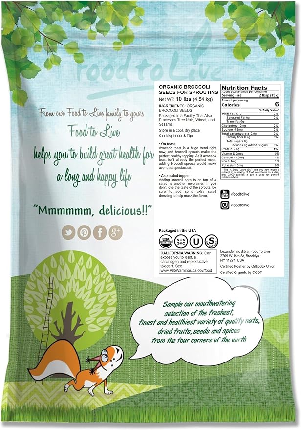 Food to Live Organic Broccoli Seeds for Sprouting, 10 Pounds – Non-GMO, Vegan, Kosher, Sirtfood, Bulk. Rich in Sulforaphane, Vitamin C. Grow Sprouts, Microgreens for Salads, and Sandwiches