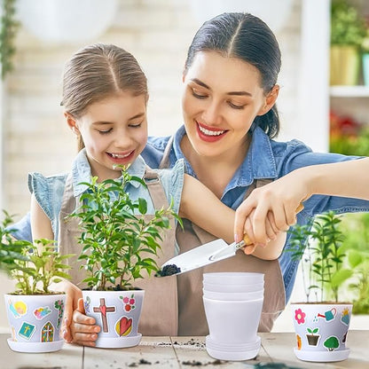 Domensi 30 Set Flower Pot Craft for Kids Bulk Spring Craft 4 Inch Garden Plastic DIY Plant Pot with Tray 30 Sheet Christian Sticker and 30 Certificates Card for Classroom School Mother's Day(White)